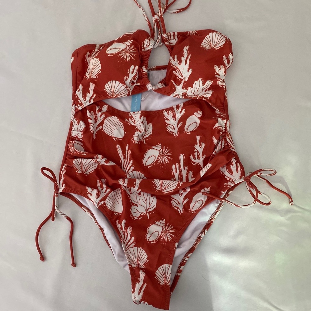 Swim One Piece Sexy Cut Out Large NWT Seashells Burnt Orange